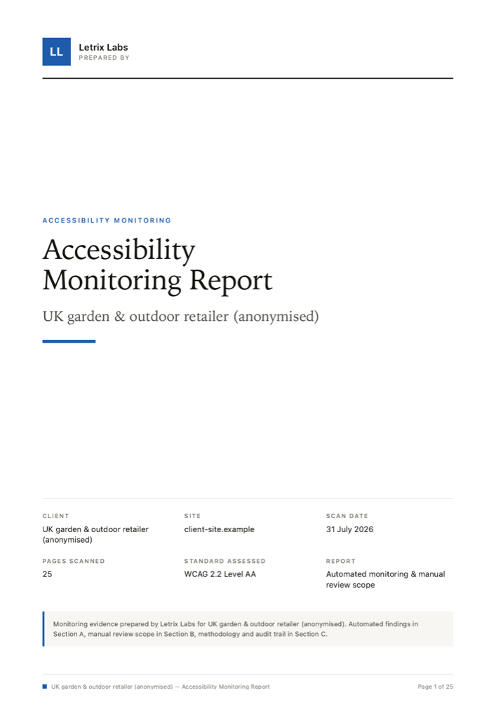 Two pages of a monthly report: a cover carrying the agency's own logo block and
               client name, and an executive summary showing pages scanned, issue counts, a
               severity breakdown and the top three issue categories in plain English.